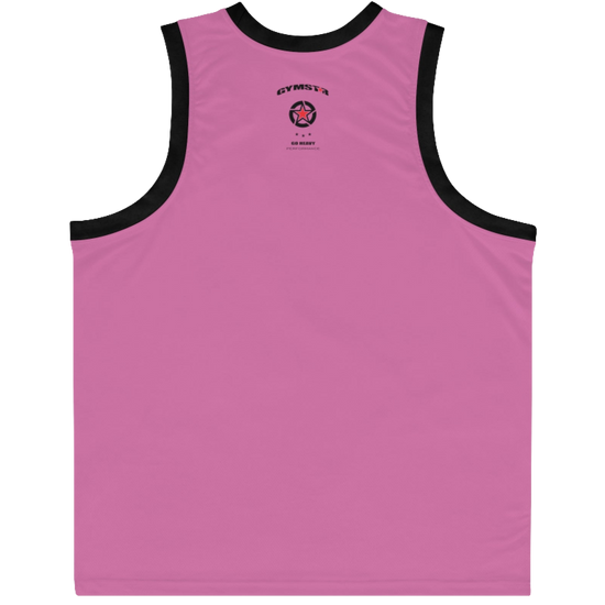 a purple Gymstar fitness and jogging tank top with black stripes on the neckline and sleeves. The tank top is branded with the brand's logo back view