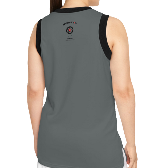A woman with a fitness body is wearing a grey-black Gymstar sports tank top branded with the Gymstar Fit logo back view.
