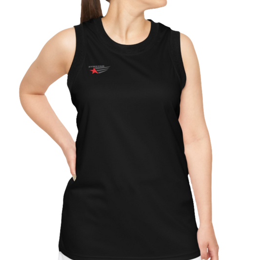A woman with a fitness body is wearing a black-black Gymstar sports tank top branded with the Gymstar Fit logo.