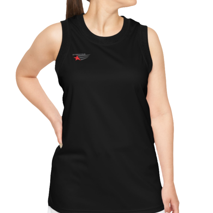 A woman with a fitness body is wearing a black-black Gymstar sports tank top branded with the Gymstar Fit logo.
