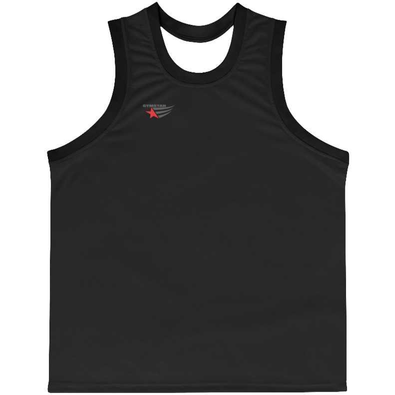 a black-black Gymstar sports tank top branded with the Gymstar Fit logo
