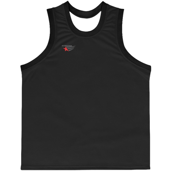 a black-black Gymstar sports tank top branded with the Gymstar Fit logo