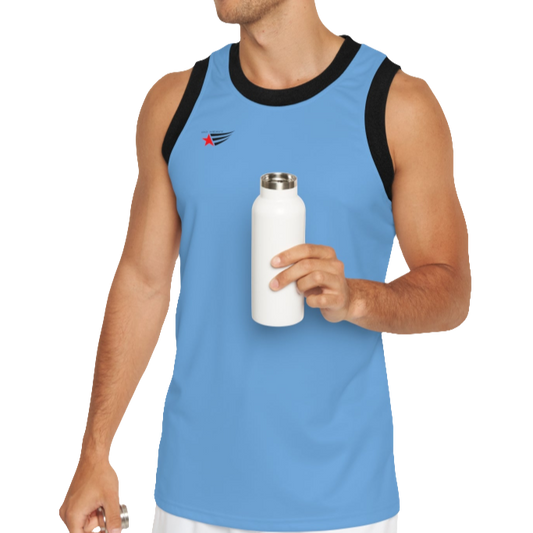 A man with a fitness body is wearing a blue-black Gymstar sports tank top branded with the Gymstar Fit logo.