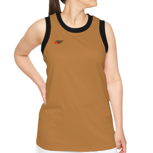 A woman with a fitness body is wearing a brown-black Gymstar sports tank top branded with the Gymstar Fit logo.
