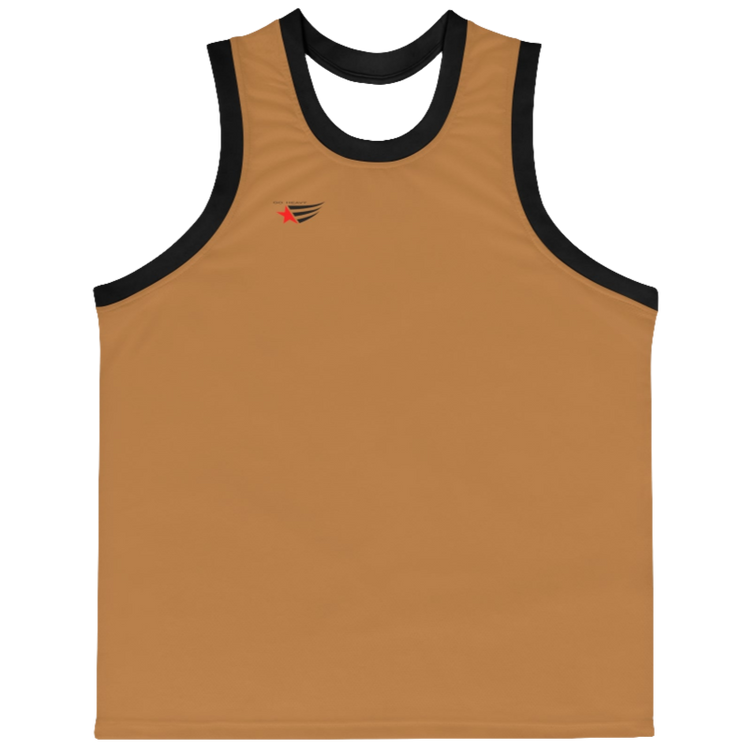 a brown-black Gymstar sports tank top branded with the Gymstar Fit logo