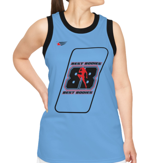 A woman with a fitness body is wearing a blue Gymstar sports tank top branded with the Gymstar Fit logo and a motivating print.