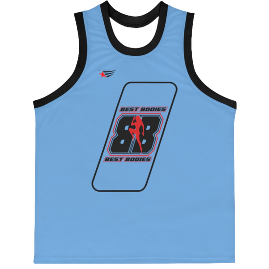 a blue Gymstar sports tank top branded with the Gymstar Fit logo and a motivating print