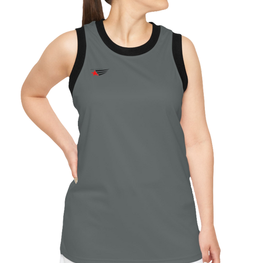 A woman with a fitness body is wearing a grey-black Gymstar sports tank top branded with the Gymstar Fit logo.