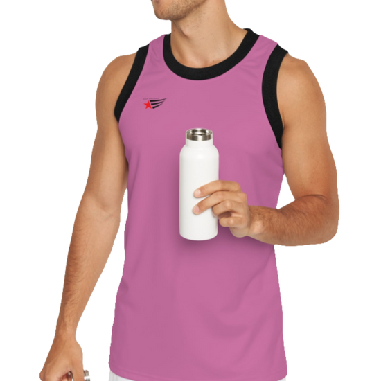 A man wearing a purple Gymstar fitness and jogging tank top with black stripes on the neckline and sleeves. The tank top is branded with the brand logo and he is holding an aluminum fitness bottle.