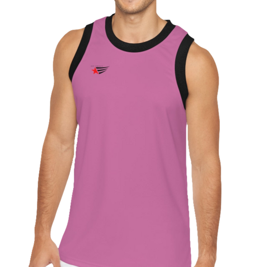 A man wearing a purple Gymstar fitness and jogging tank top with black stripes on the neckline and sleeves. The tank top is branded with the brand's logo.