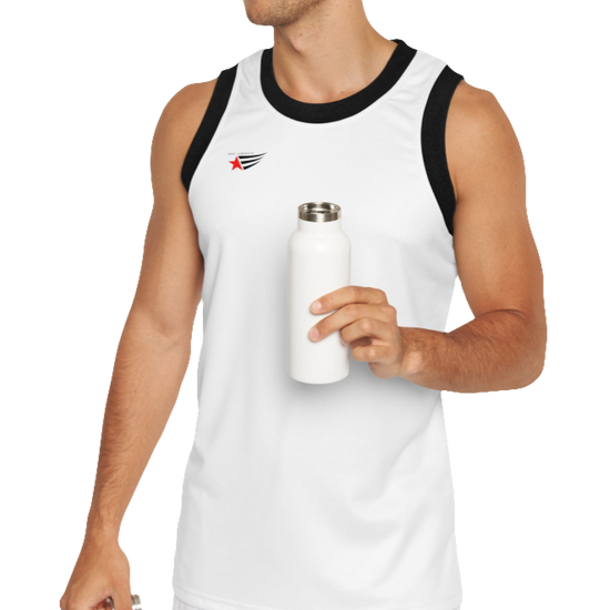 A man with a fitness body is wearing a white-black Gymstar sports tank top branded with the Gymstar Fit logo.