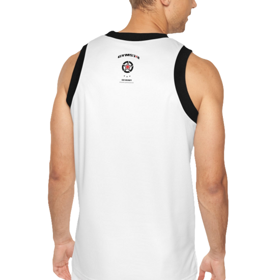 A man with a fitness body is wearing a white-black Gymstar sports tank top branded with the Gymstar Fit logo back view.