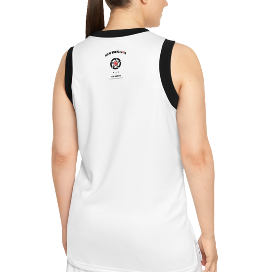 A woman with a fitness body is wearing a white-black Gymstar sports tank top branded with the Gymstar Fit logo back view.