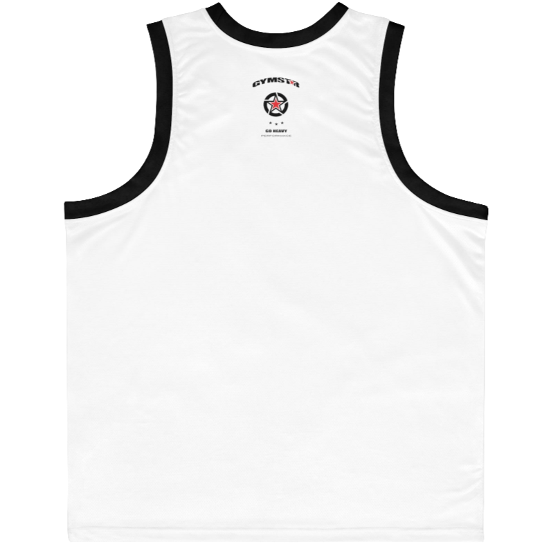 a white-black Gymstar sports tank top branded with the Gymstar Fit logo back view