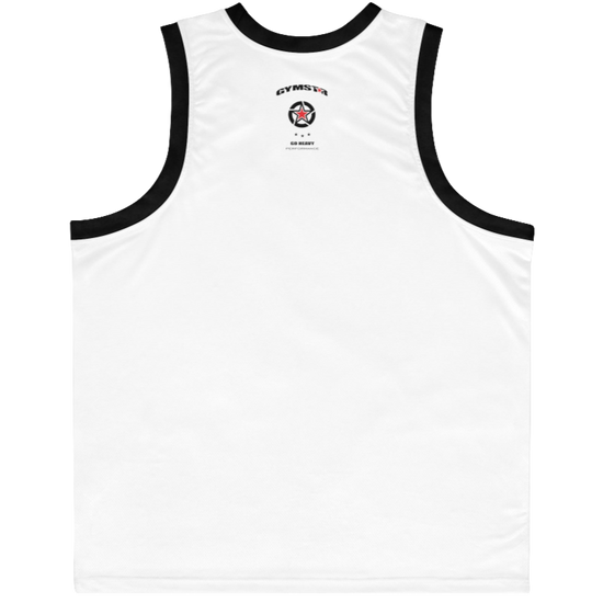 a white-black Gymstar sports tank top branded with the Gymstar Fit logo back view