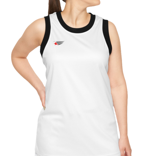 A woman with a fitness body is wearing a white-black Gymstar sports tank top branded with the Gymstar Fit logo.