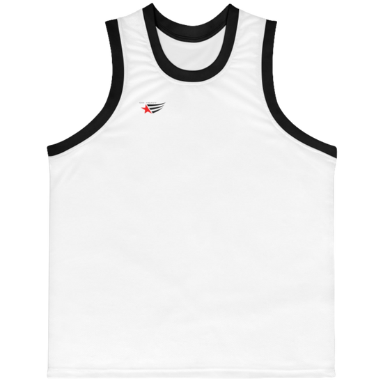 a white-black Gymstar sports tank top branded with the Gymstar Fit logo