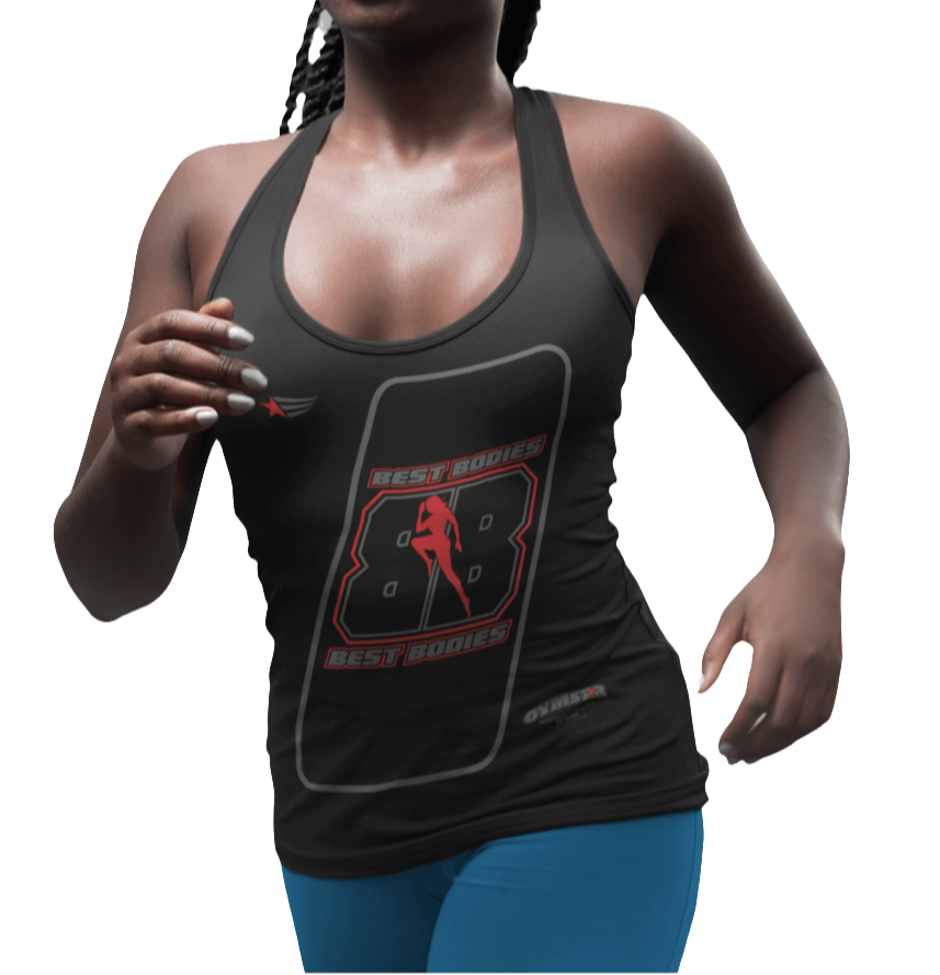 A woman with a fitness body is wearing a black Gymstar sports tank top branded with the Gymstar Fit logo and a motivating print.