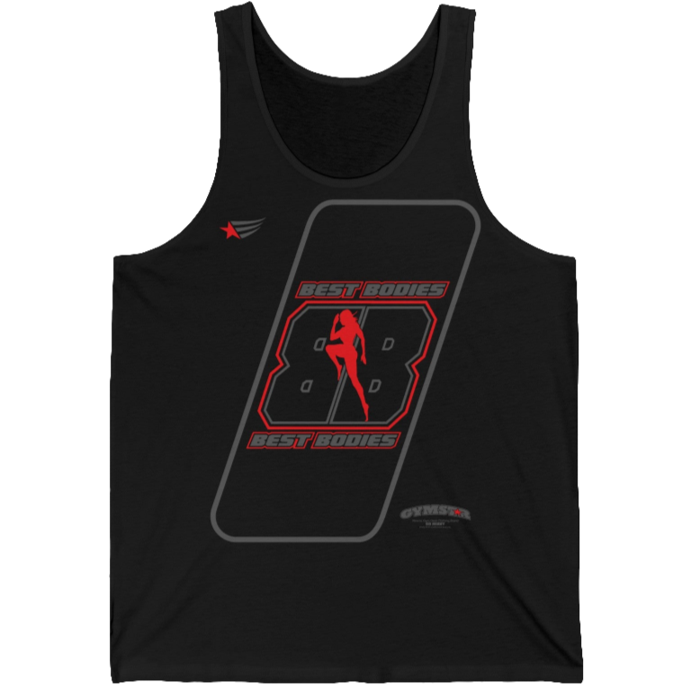 a  black Gymstar sports tank top branded with the Gymstar Fit logo and a motivating print 