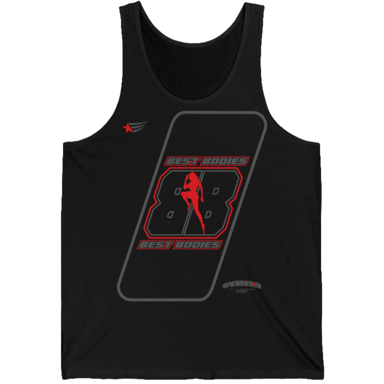 a  black Gymstar sports tank top branded with the Gymstar Fit logo and a motivating print 