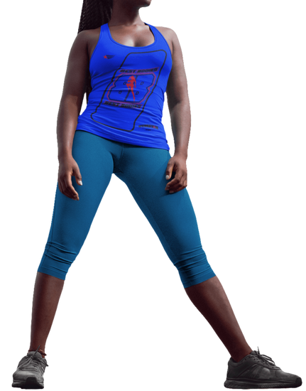 A woman with a fitness body is wearing a blue Gymstar sports tank top branded with the Gymstar Fit logo and a motivating print.