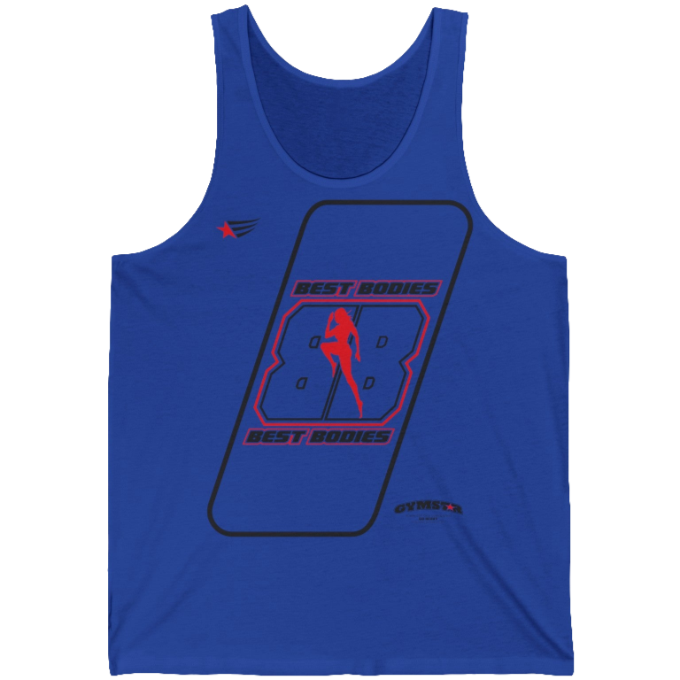 a blue Gymstar sports tank top branded with the Gymstar Fit logo and a motivating print