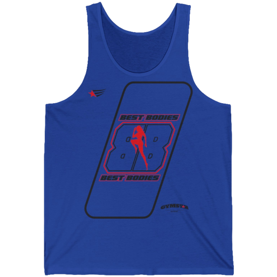 a blue Gymstar sports tank top branded with the Gymstar Fit logo and a motivating print