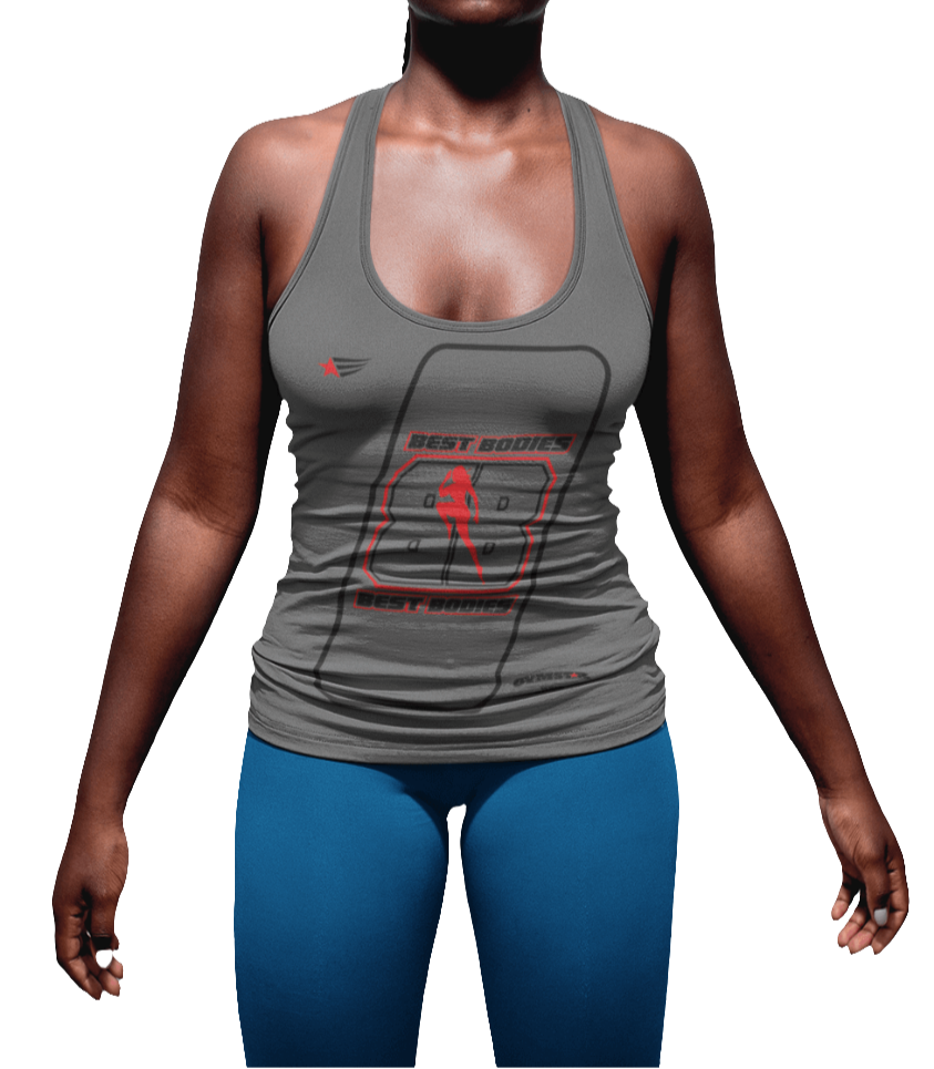 A woman with a fitness body is wearing a grey Gymstar sports tank top branded with the Gymstar Fit logo and a motivating print.