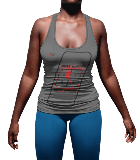 A woman with a fitness body is wearing a grey Gymstar sports tank top branded with the Gymstar Fit logo and a motivating print.