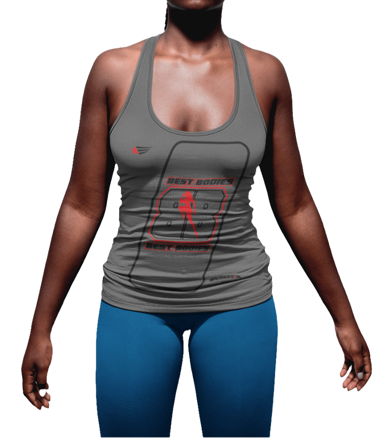 A woman with a fitness body is wearing a grey Gymstar sports tank top branded with the Gymstar Fit logo and a motivating print.