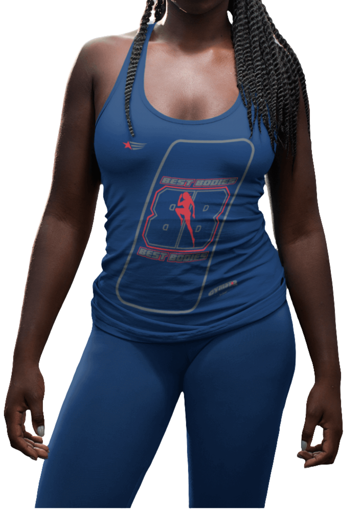 A woman with a fitness body is wearing a navy blue Gymstar sports tank top branded with the Gymstar Fit logo and a motivating print.
