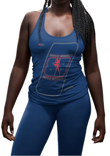 A woman with a fitness body is wearing a navy blue Gymstar sports tank top branded with the Gymstar Fit logo and a motivating print.