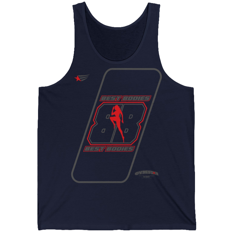 a  navy blue Gymstar sports tank top branded with the Gymstar Fit logo and a motivating print