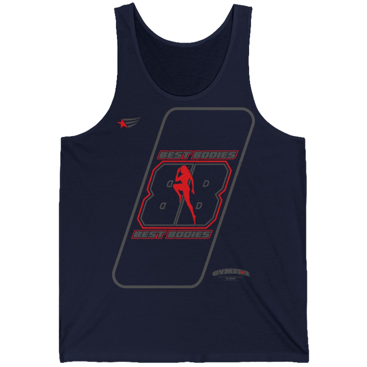 a  navy blue Gymstar sports tank top branded with the Gymstar Fit logo and a motivating print
