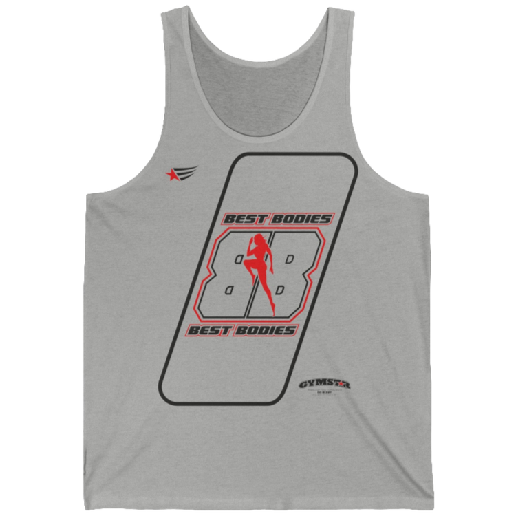 a  grey Gymstar sports tank top branded with the Gymstar Fit logo and a motivating print