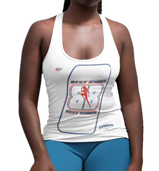 A woman with a fitness body is wearing a white Gymstar sports tank top branded with the Gymstar Fit logo and a motivating print.
