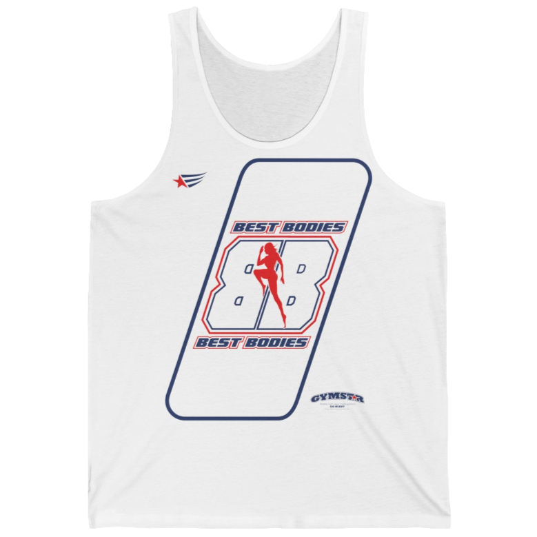 a  white Gymstar sports tank top branded with the Gymstar Fit logo and a motivating print