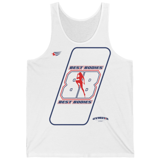 a  white Gymstar sports tank top branded with the Gymstar Fit logo and a motivating print