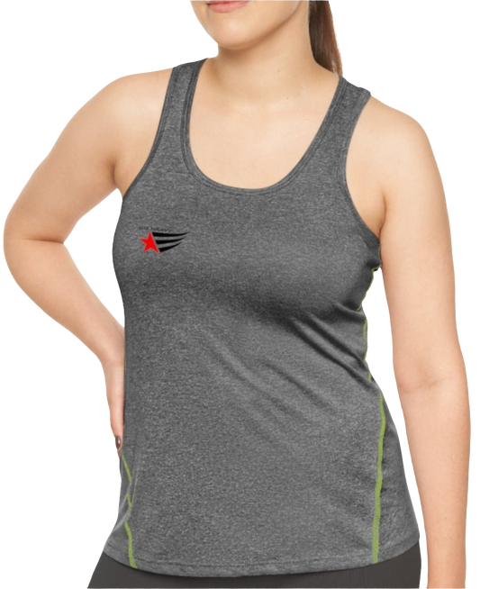 A woman with a fitness body is wearing a grey Gymstar sports tank top branded with the Gymstar Fit logo.