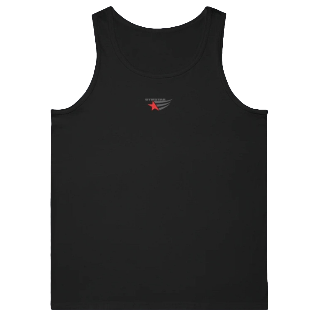 a black Gymstar sports tank top branded with the Gymstar Fit logo.