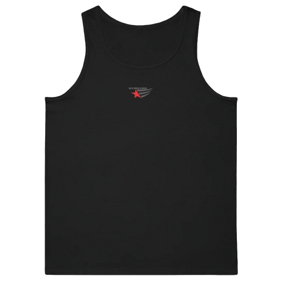 a black Gymstar sports tank top branded with the Gymstar Fit logo.