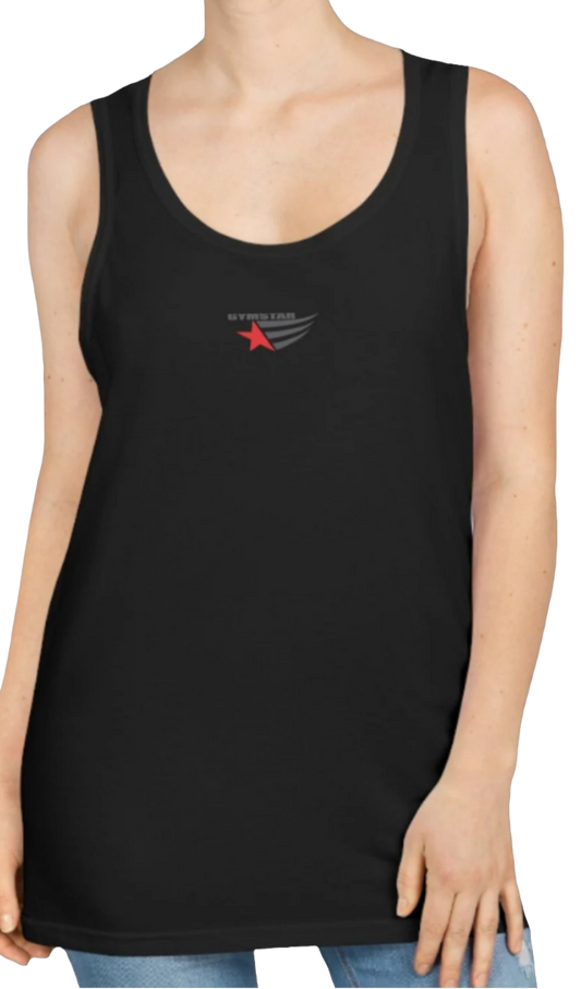 A woman with a fitness body is wearing a black Gymstar sports tank top branded with the Gymstar Fit logo.