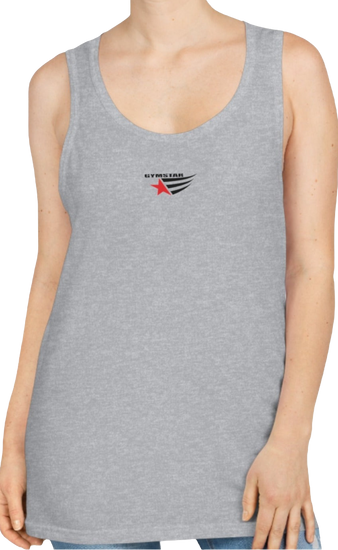 A woman with a fitness body is wearing a grey Gymstar sports tank top branded with the Gymstar Fit logo.