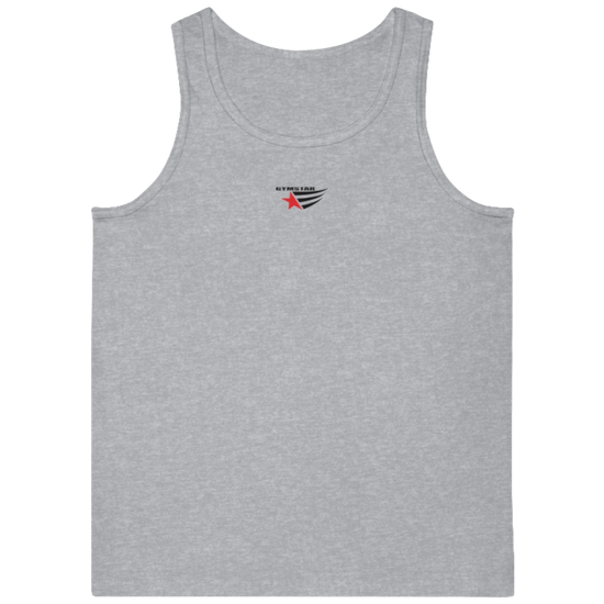  a grey Gymstar sports tank top branded with the Gymstar Fit logo.