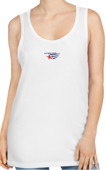 A woman with a fitness body is wearing a white Gymstar sports tank top branded with the Gymstar Fit logo.