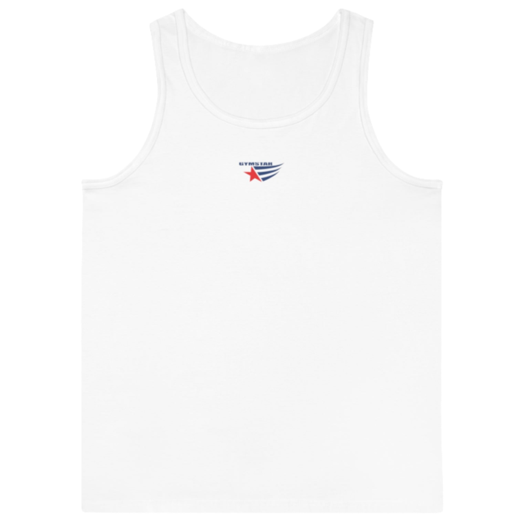 a white Gymstar sports tank top branded with the Gymstar Fit logo.