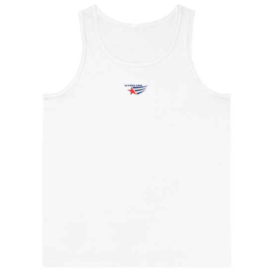 a white Gymstar sports tank top branded with the Gymstar Fit logo.