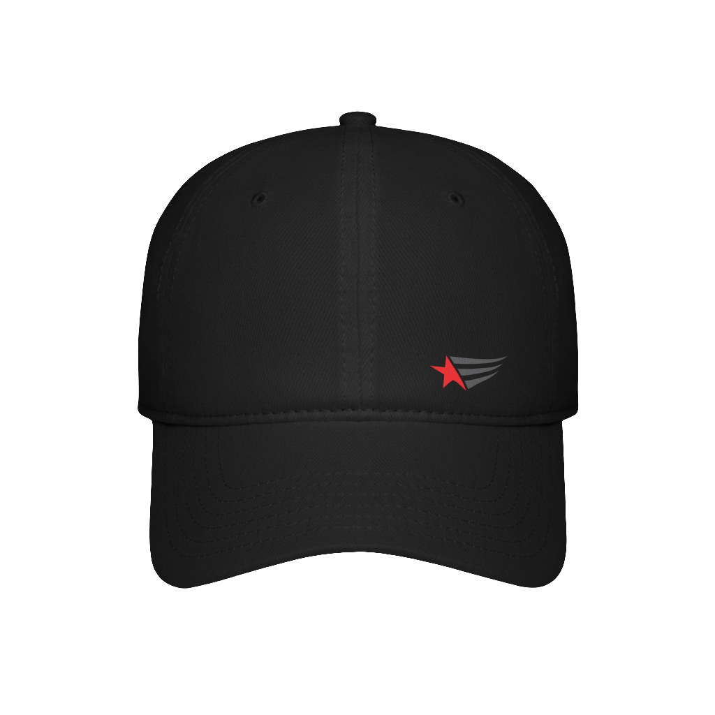 A black Gymstar Fitness baseball cap with a structured design and a brand logo. On the front view.
