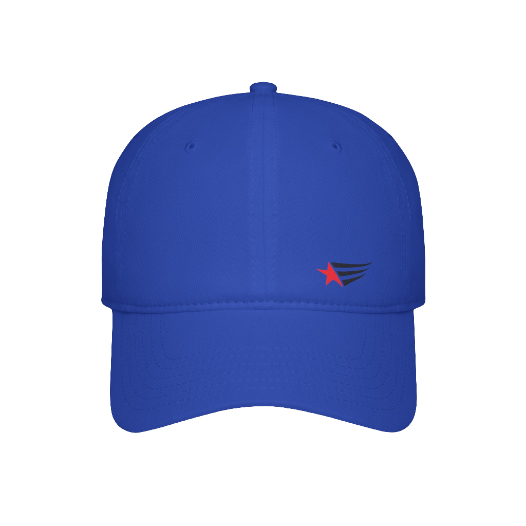 A blue Gymstar sports visor hat with a curved brim, an adjustable strap and branding logo.