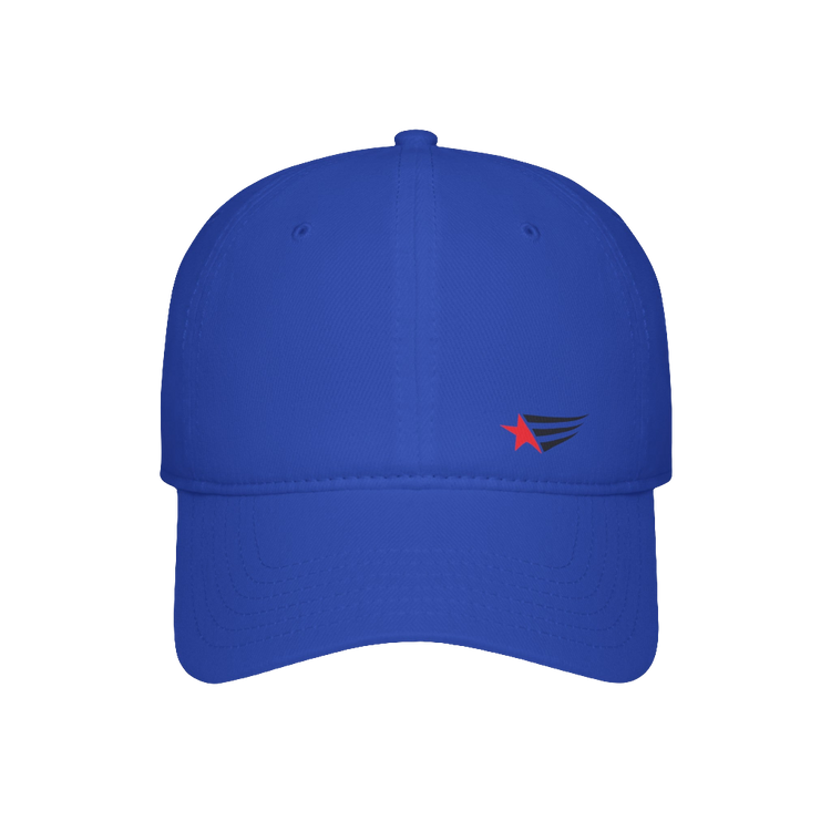 A blue Gymstar sports visor hat with a curved brim, an adjustable strap and branding logo.